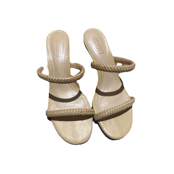 Schutz Taliah Mid Woven Leather Kitten Heel Sandal Strappy Tan Women's Sz 7 New - Picture 5 of 9